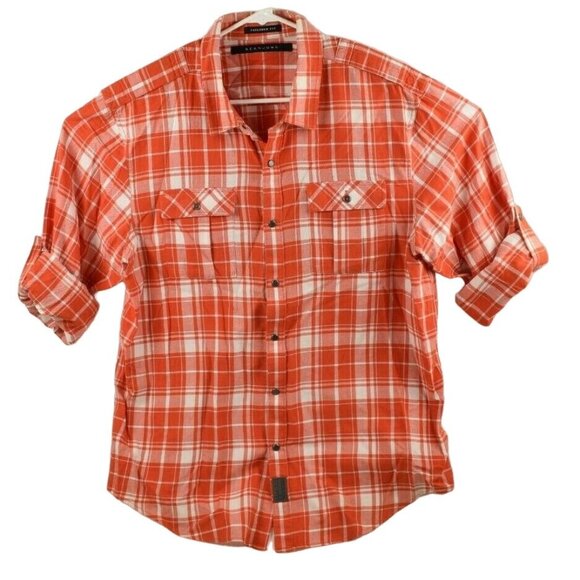 Sean John Mens XL Button Down Pocket Red and White Plaid Shirt Tailored Fit - Picture 8 of 8